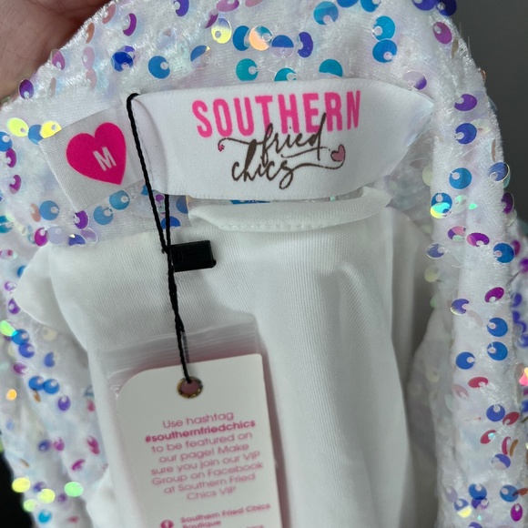 NWT Southern Fried Chics Goodbye Earl White Sequin Moto Jacket M - Picture 4 of 8